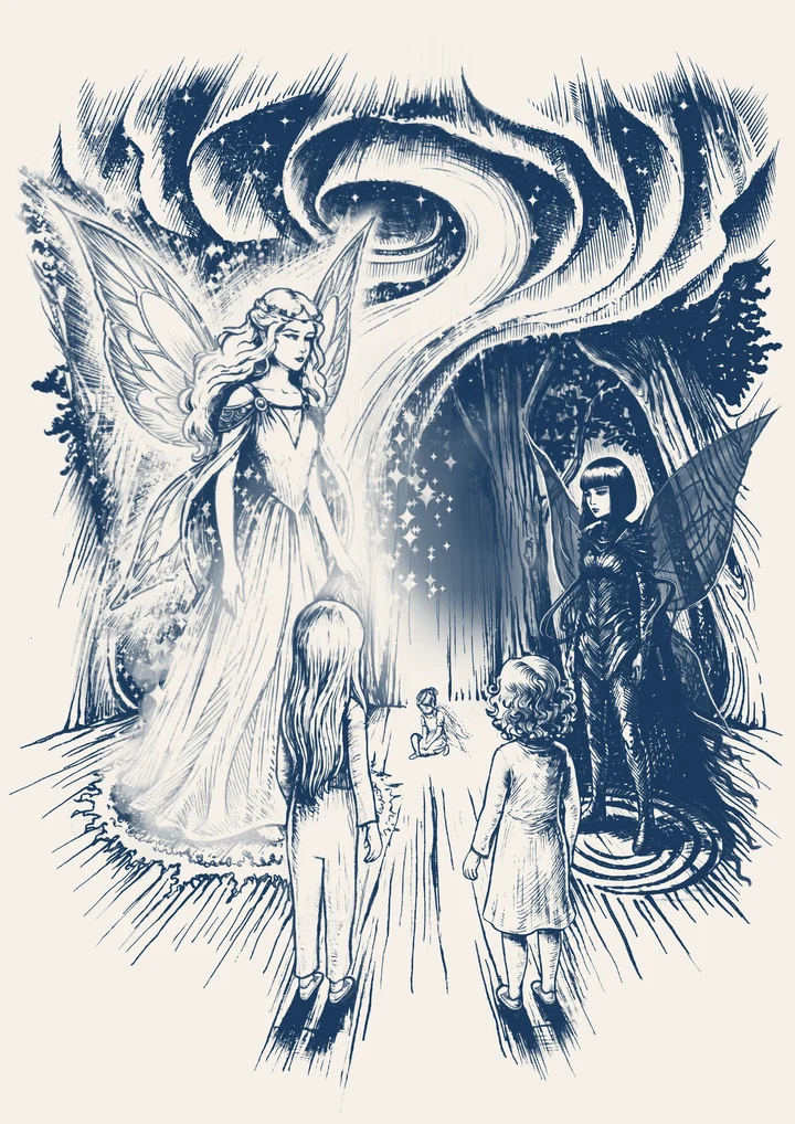 Poppy and Rosie standing between two fairies, one luminous, one dark