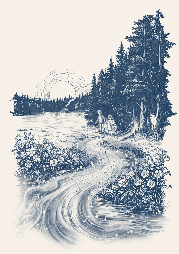Poppy and Rosie at the treeline, a glittering trail winding down to the lake, a white wolf watching